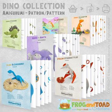 DINO COLLECTION - Velociraptor Plesiosaurus Diplodocus Stegosaurus Pterodactyl - Amigurumi Crochet - Patron / Pattern - FROG and TOAD Créations